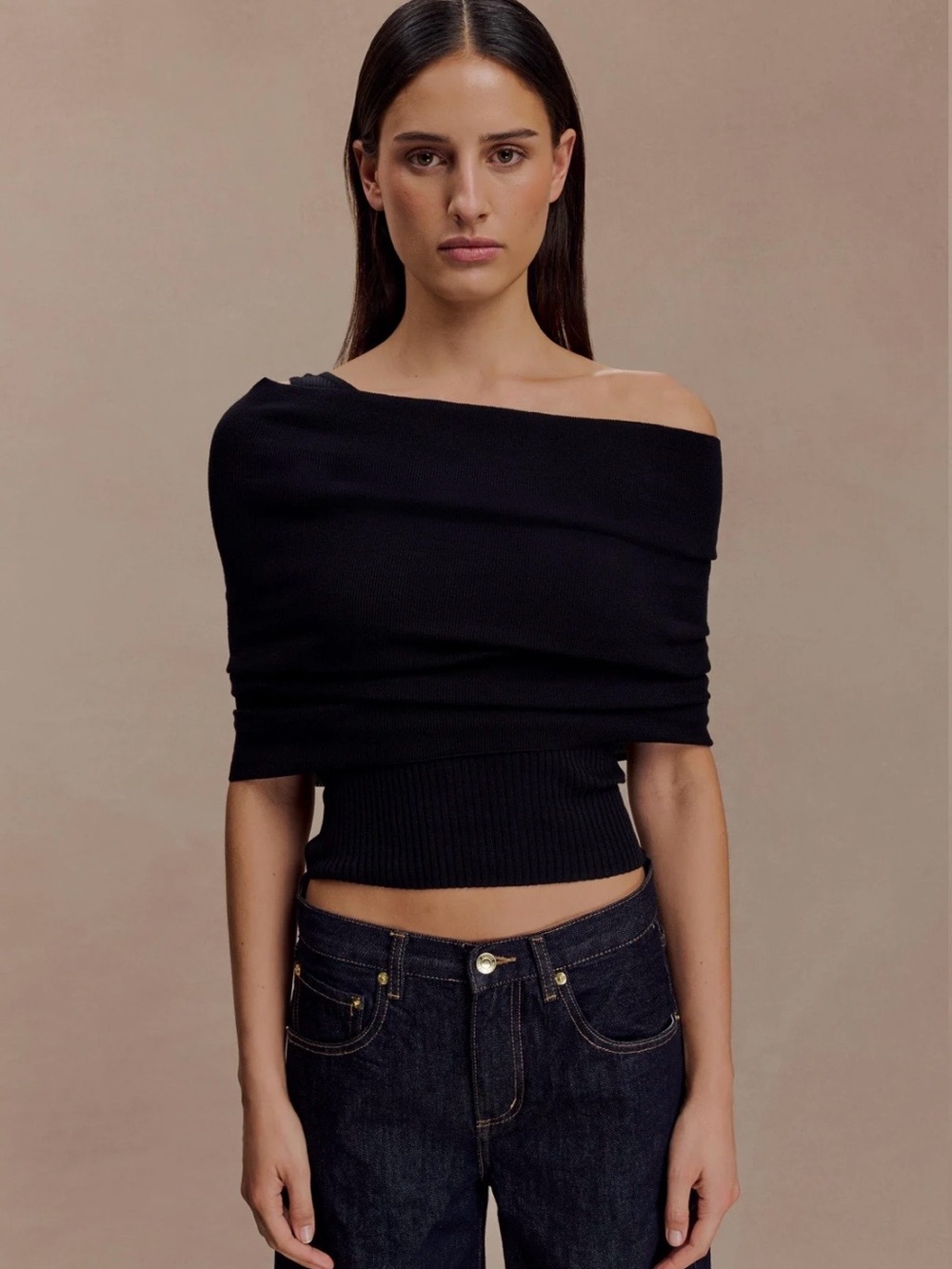 Meshki SIERRA Asymmetrical Cashmere Blend Knit Off Shoulder Black L